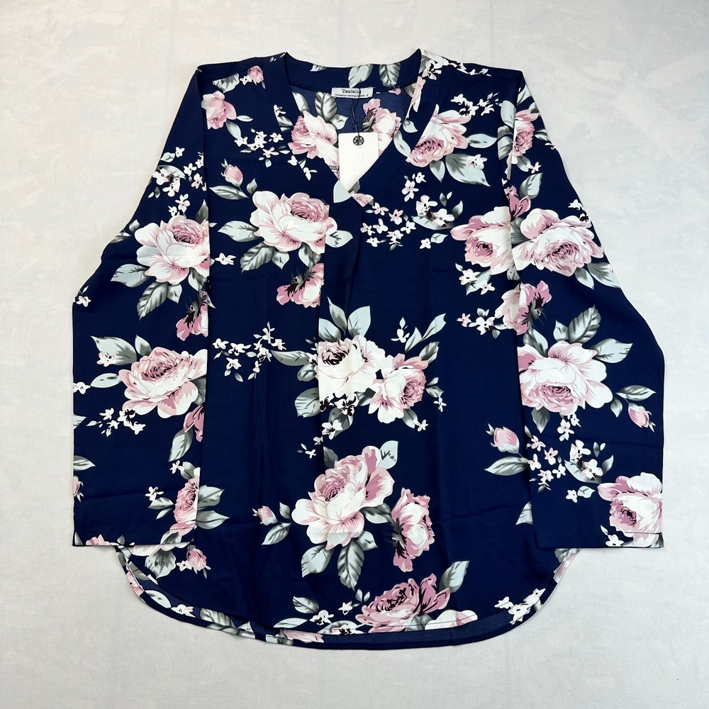 Youtalia Shirt Top Womens Medium Blue Pink Floral Long Sleeve V-Neck Pullover